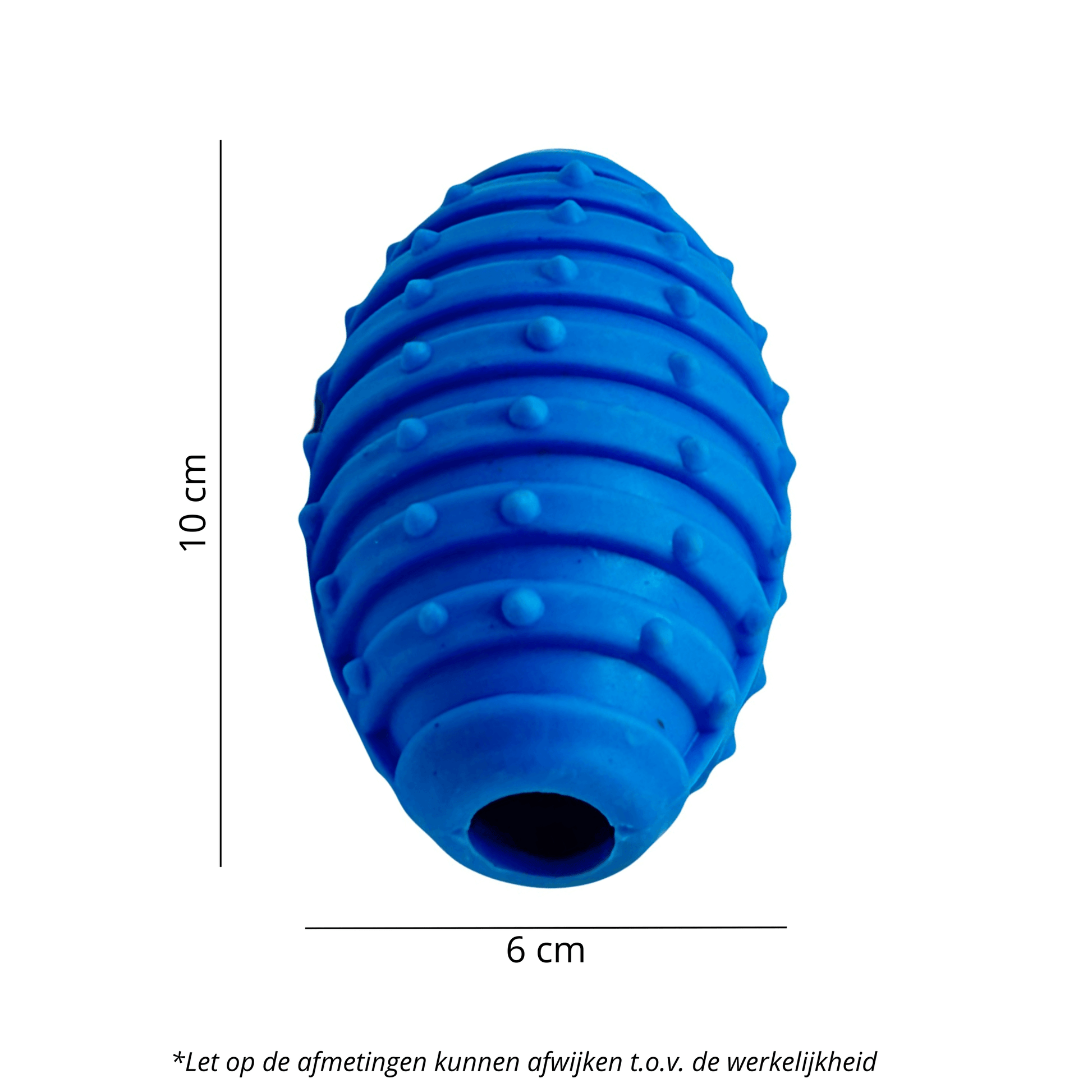 Blauwe rubberen rugbybal met ribbels en noppen, 10 cm lang en 6 cm breed, geschikt als hondenspeeltje.